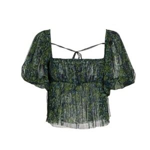 Free People Penelope Babydoll Smocked Mesh Top Blouse in Deep Sea Green Sz S